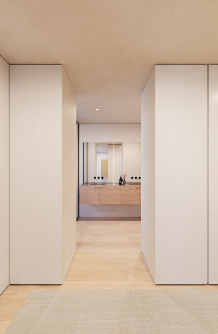 Avanca House, Avanca, Aveiro: render of a passage between tall white cupboards opening to a room with a vanity and mirror