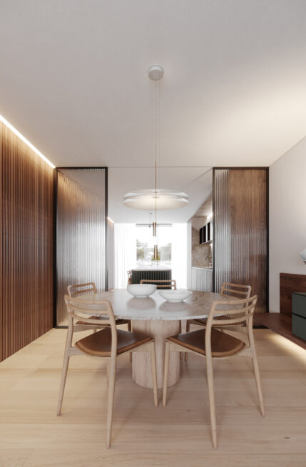 Chieiras House, Vila Nova de Gaia: render of a round dining table and chairs between wood-panelled walls under a pendant lamp