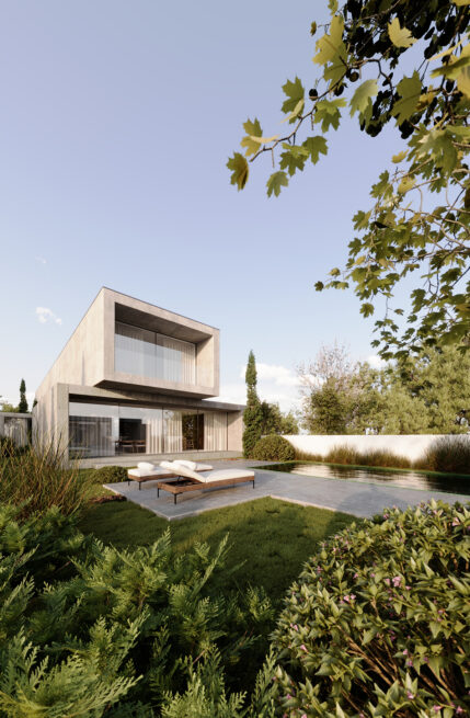 Paranhos House, Porto: render of the house seen from the garden through foliage, a pool and terrace in front