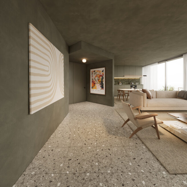 Guest House 207, Paredes: render of a corridor opening into a living area, with a large striped artwork on the wall