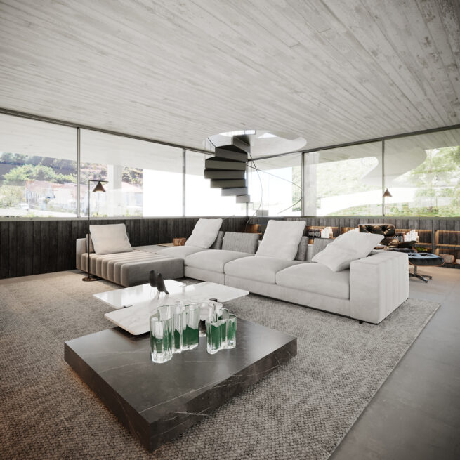 CC House, Marco de Canaveses: living room with a white sofa and dark low table, the spiral stair rising to the ceiling