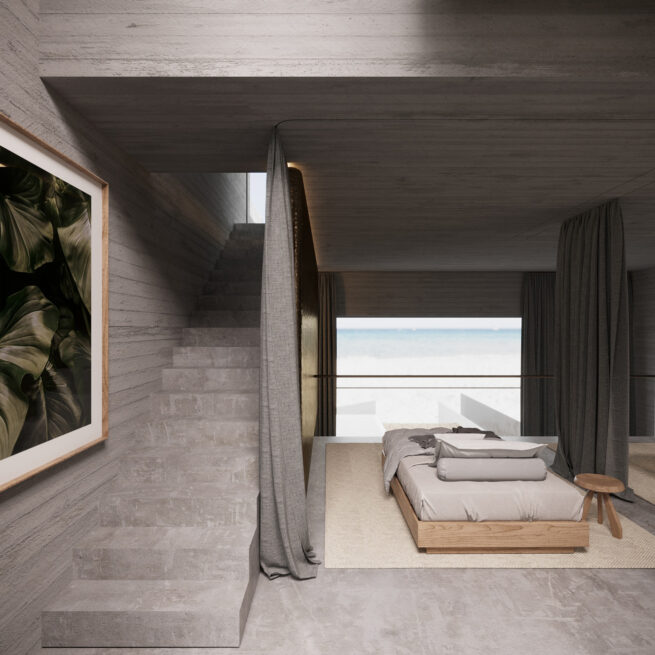 Areal House, Matosinhos: render of a bedroom with a stair rising beside it and a view to the sea through the window