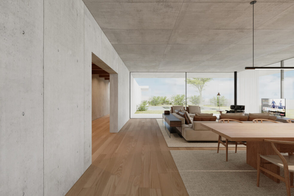 FH House, Esmoriz, Ovar: render of the open dining area seen through an opening in a grey wall