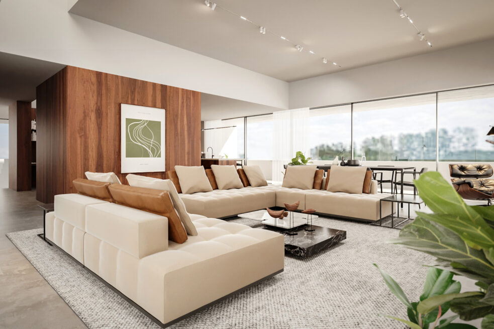 ST House, Santo Tirso: sofas arranged around a low table in a long living space with windows onto the garden