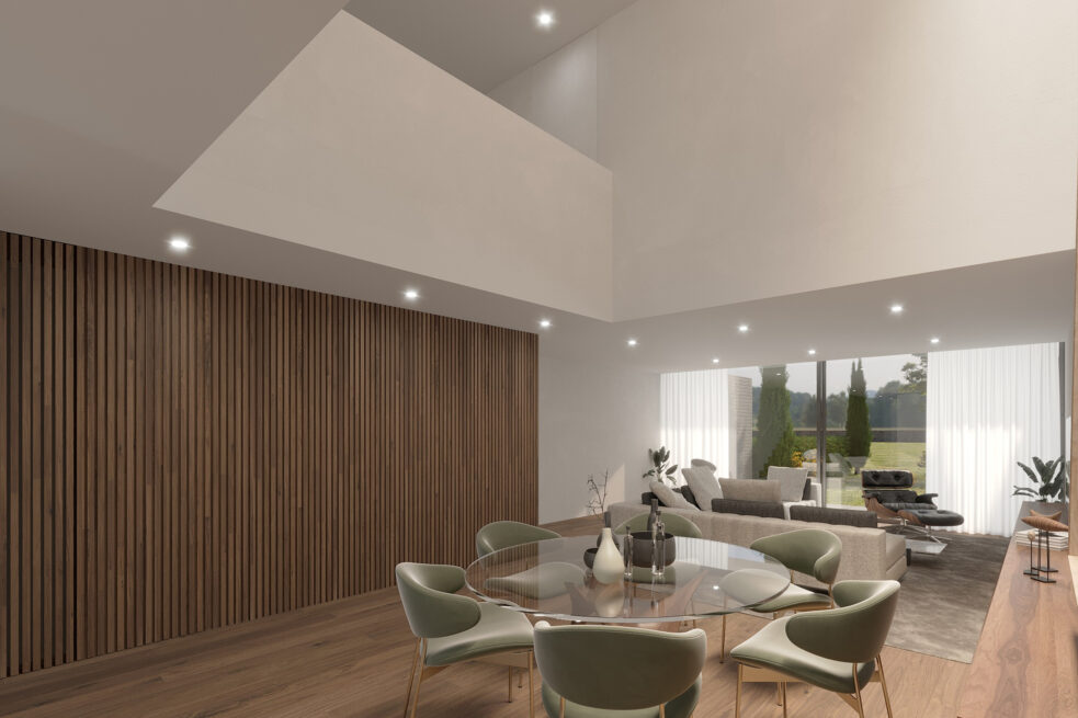 Vila do Conde Houses: render of a round dining table beneath a double-height void, a slatted wall alongside