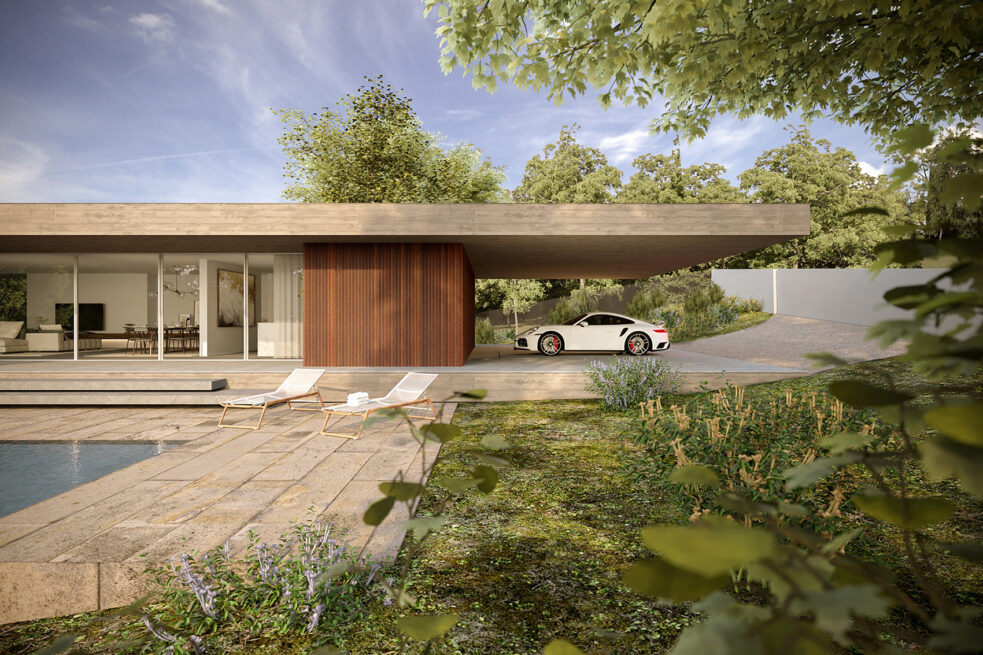 Fafe House: render of the pool terrace and glazed living area under a thin flat roof, a car parked at the side
