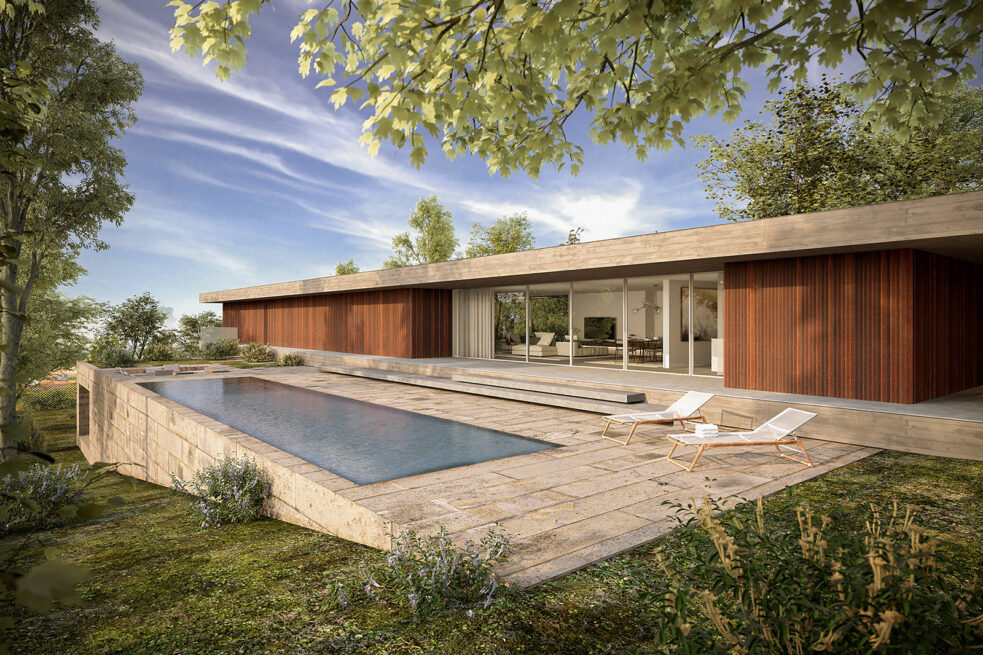 Fafe House: render of the pool set into the lawn in front of the long low house with a warm-toned panelled wall
