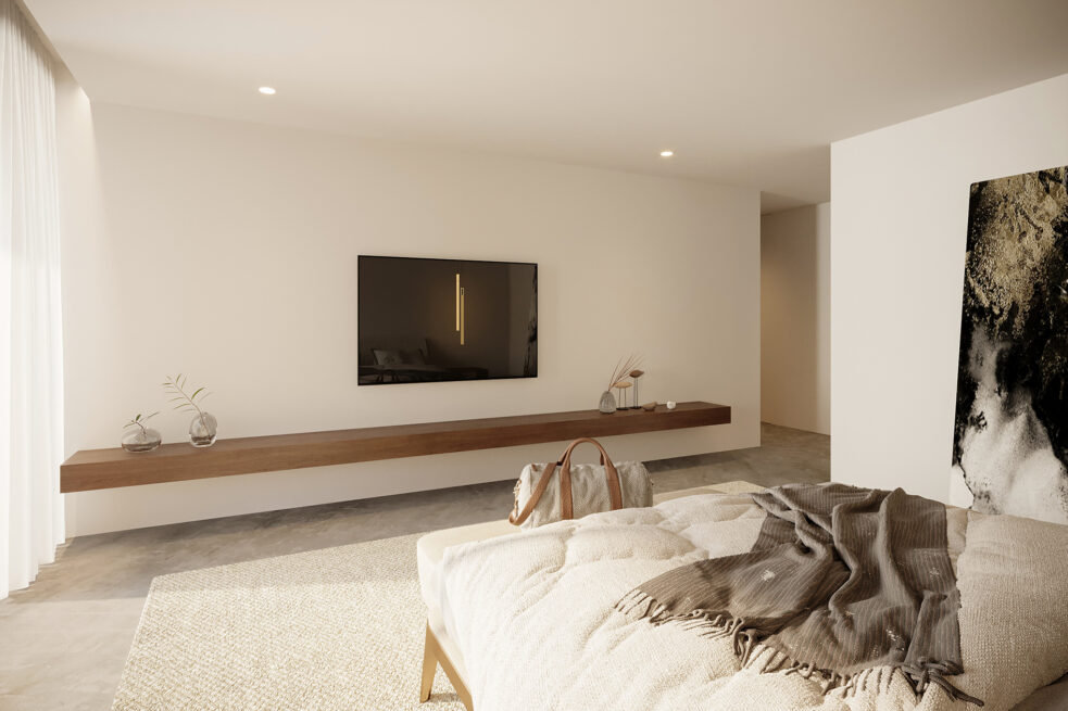 Fafe House: render of a bedroom with a long floating shelf beneath a wall-mounted television