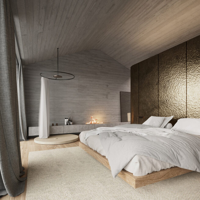 Areal House, Matosinhos: bedroom render under a vaulted ceiling, a bed beside a circular shower with a white curtain