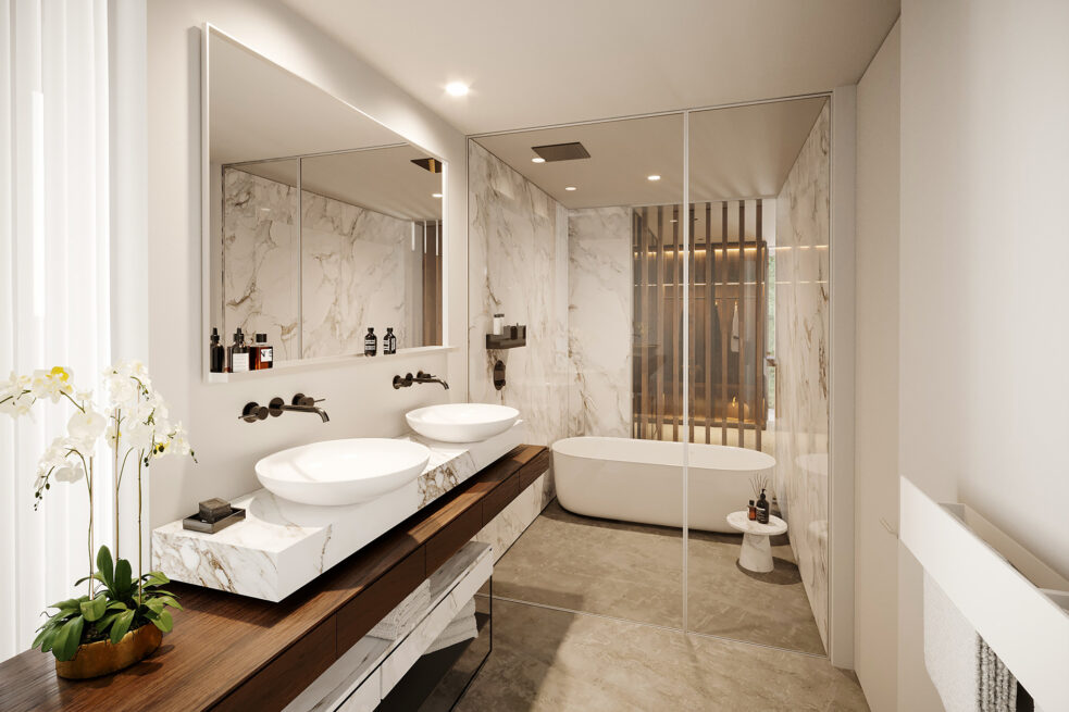 Fafe House: render of a bathroom with two round basins on a wooden counter and a freestanding bath