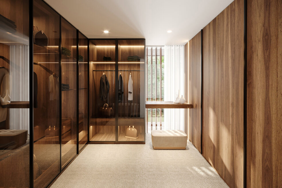 Fafe House: render of a walk-in wardrobe with glass-fronted cabinets and warm-toned panelling