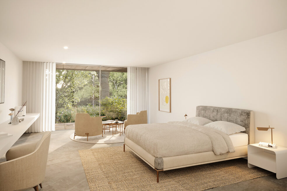 Fafe House: render of a guest bedroom with an upholstered bed and armchairs facing the garden