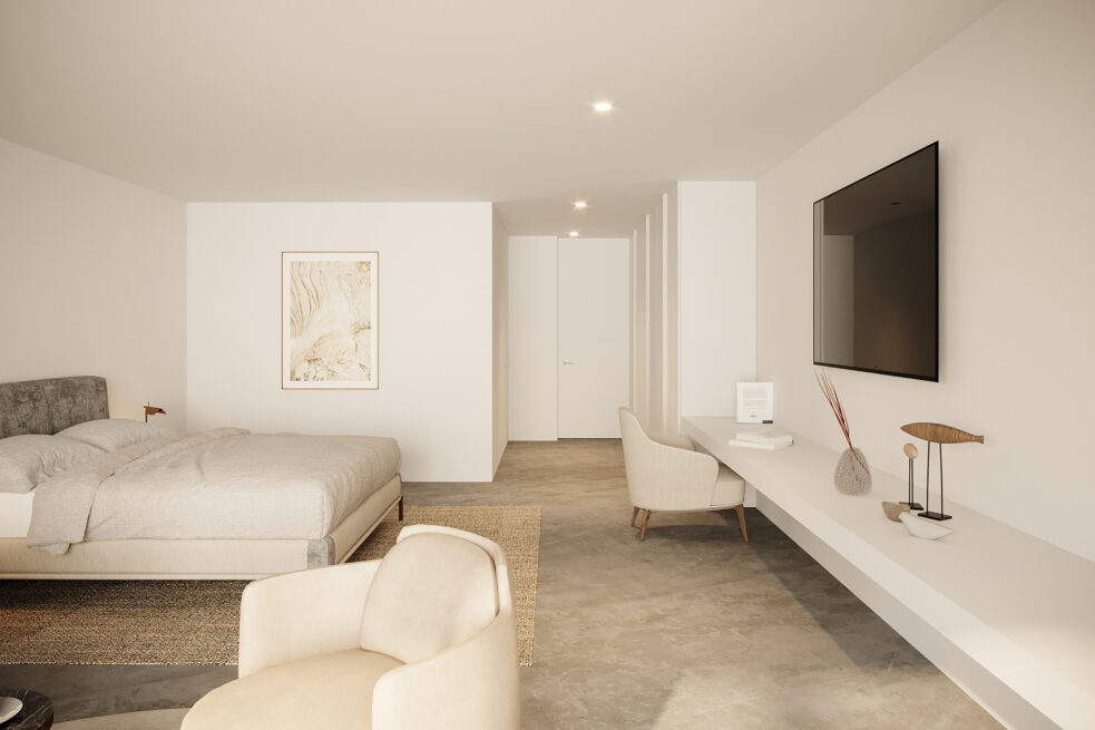 Fafe House: render of a bedroom with a desk along the wall and a soft armchair in the foreground