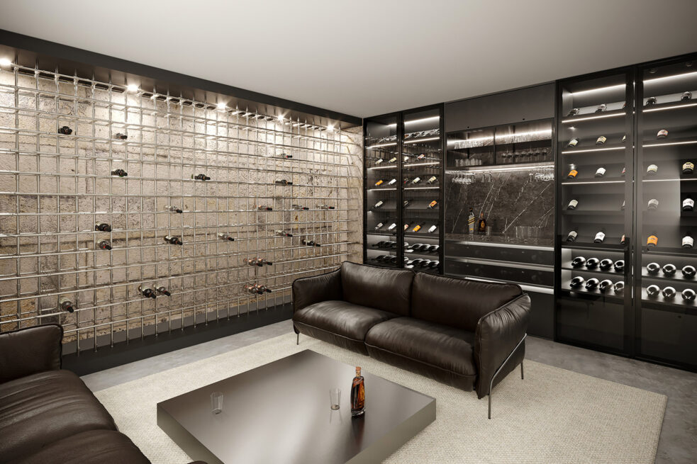 Fafe House: render of a lounge with dark leather sofas facing a lit display of shelving and a textured wall