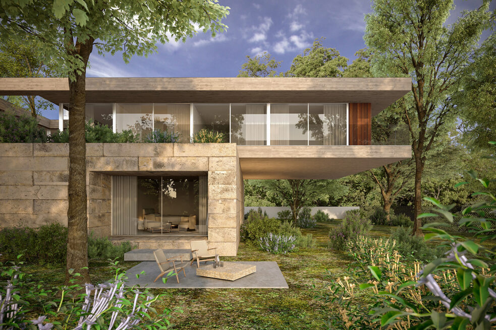 Render of the cantilevered upper volume of Fafe House sheltering a glazed room at garden level