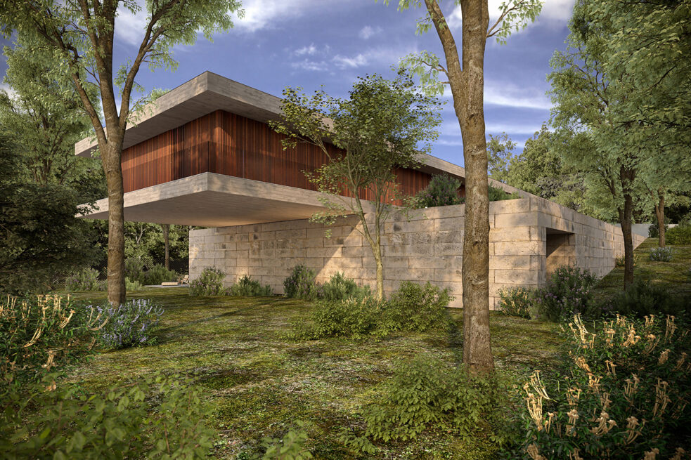 Fafe House: render of the house seen through tall trees, the upper floor projecting over the stone base