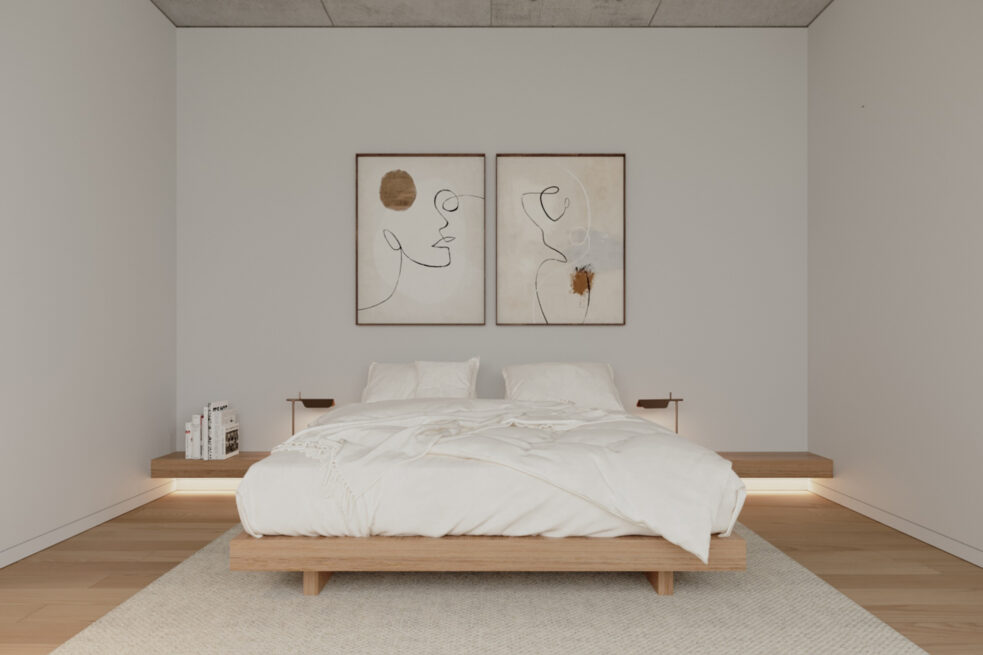 FH House, Esmoriz, Ovar: bedroom render with a low bed, two framed drawings and pale walls