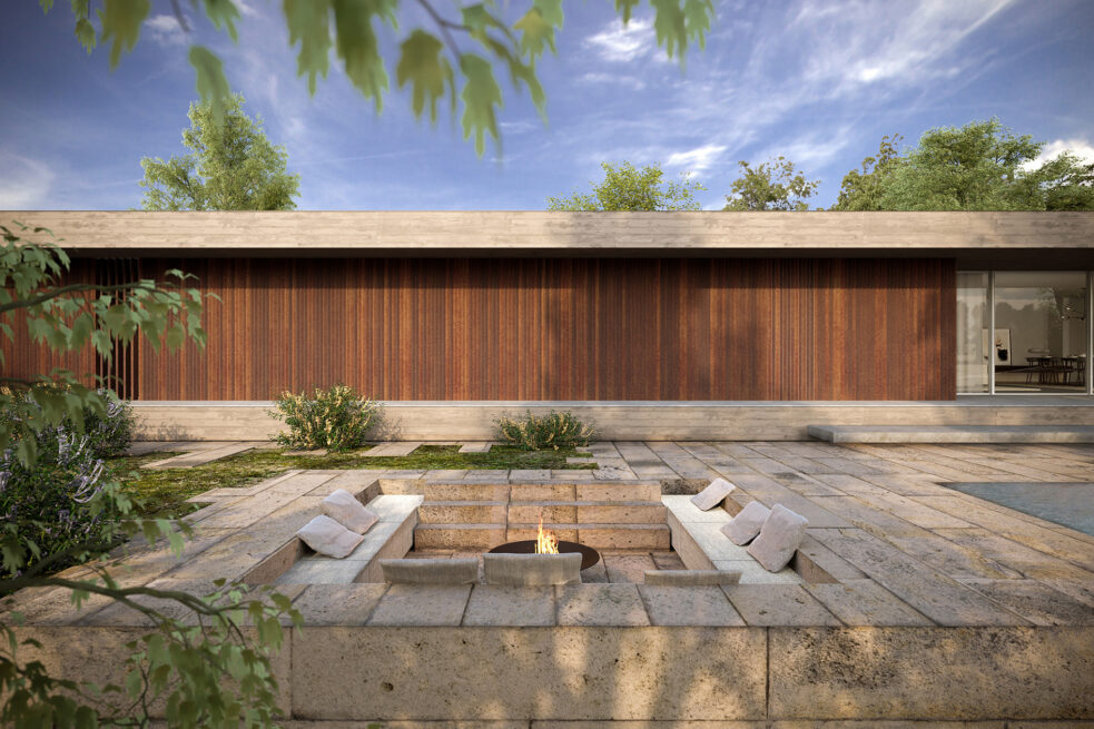 Fafe House: render of a sunken fire pit lounge in the garden facing the long panelled facade
