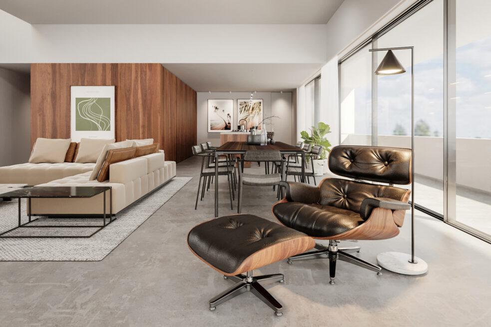 ST House, Santo Tirso: render of a lounge chair and footstool in front of the living and dining area