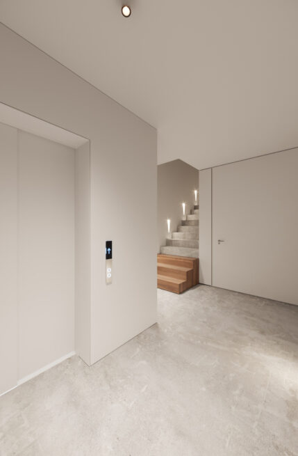 HU1950, Vila Nova de Gaia: render of a lift lobby with a light floor and a staircase glimpsed through the doorway