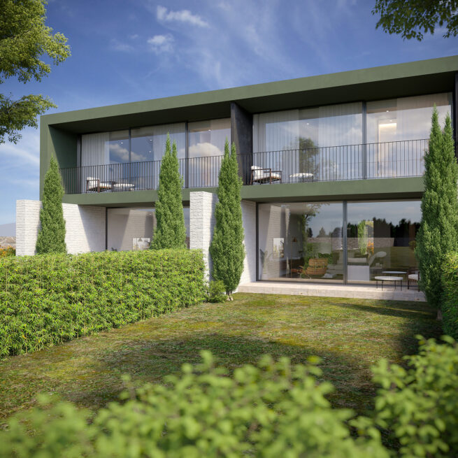 Vila do Conde Houses: render of the garden side, a lawn and hedges before the glazed ground floor and balcony