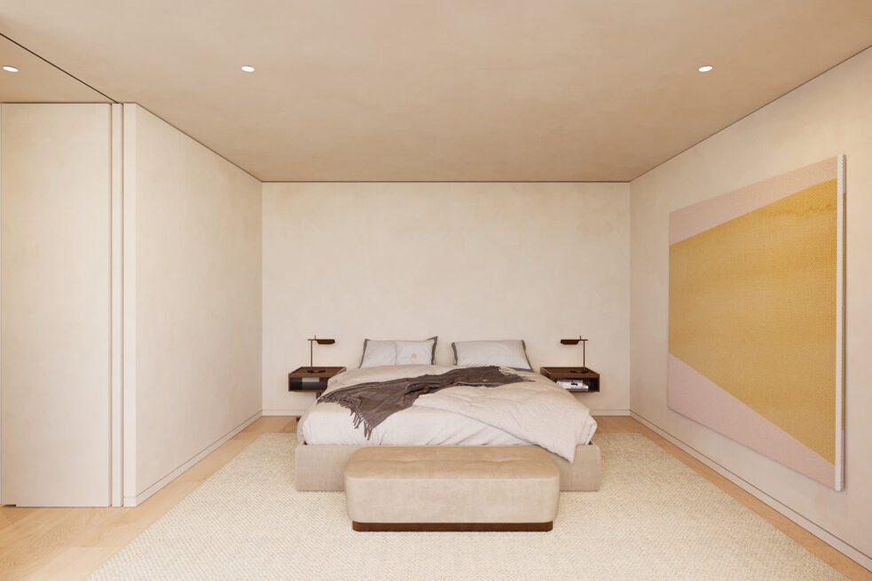 Avanca House, Avanca, Aveiro: bedroom render with a low bed, upholstered bench and a large yellow artwork