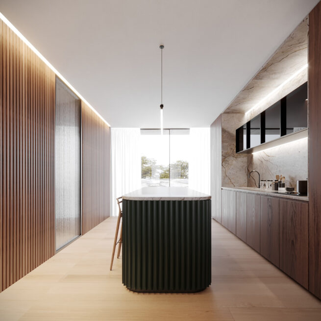 Chieiras House, Vila Nova de Gaia: kitchen render with a dark green ribbed island, wood cabinetry and a veined stone splashback