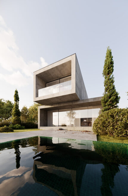 Paranhos House, Porto: render of the grey upper volume with its balcony reflected in the still water of the pool