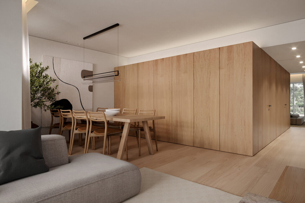 Moledo Apartment, Viana do Castelo: render of the open living room, a grey sofa facing the dining area and the panelled block