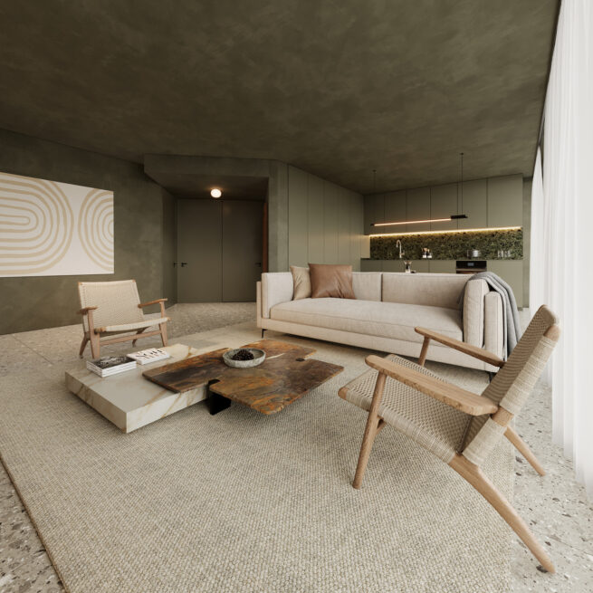 Guest House 207, Paredes: living room with a sofa, two wooden lounge chairs and a low table on a pale rug