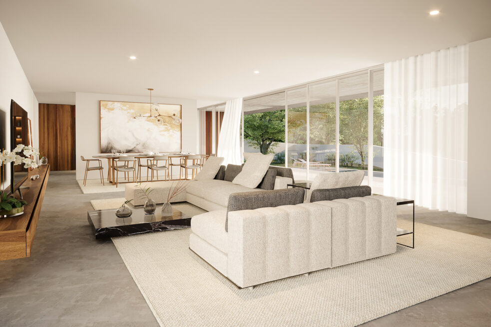 Fafe House: render of a living room with large sofas and a dining area beside floor-to-ceiling glazing