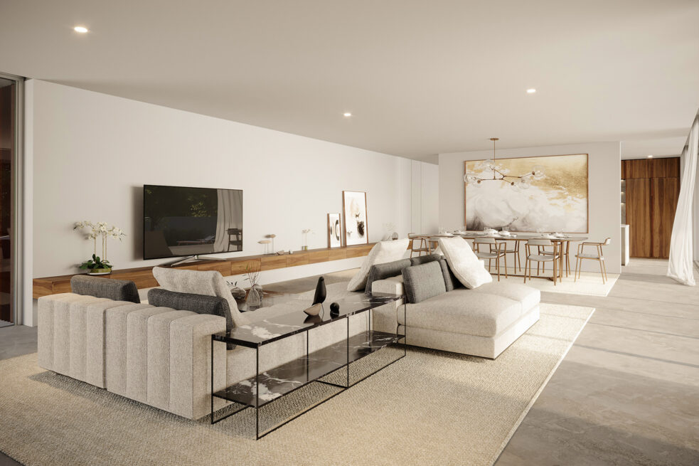 Fafe House: render of the open living space with a television wall, sofas and the dining table at the far end