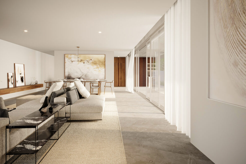 Render of the living area of the Fafe house seen along the curtained glazing