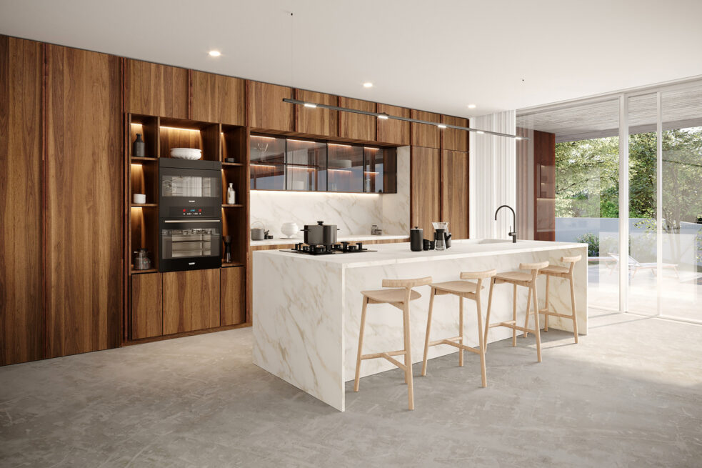Fafe House: render of a kitchen with a white island, high stools and a tall wall of warm-toned cabinets