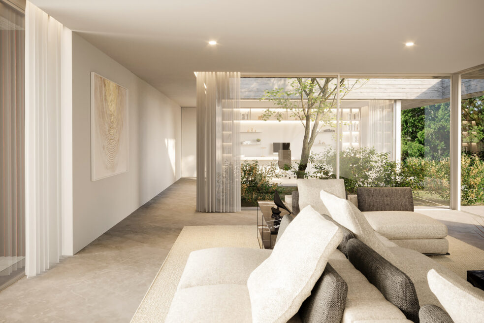 Fafe House: render of a sitting area beside a glazed patio with a tree, sheer curtains drawn aside