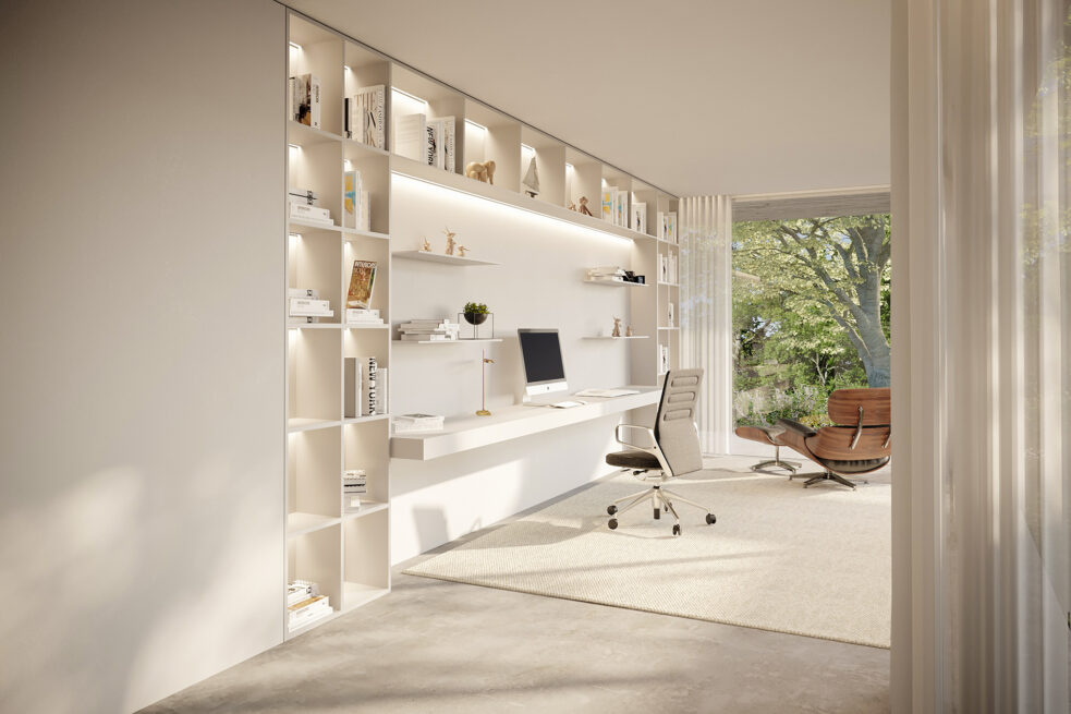 Fafe House: render of a study with a built-in white shelving wall, a desk and a lounge chair by the window