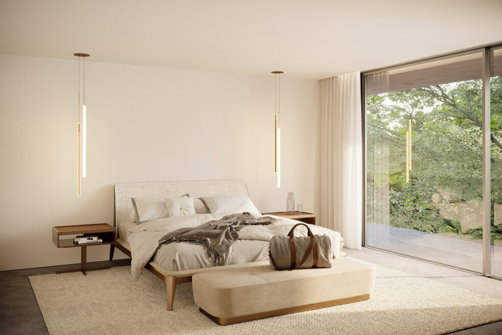 Fafe House: render of a bedroom with pendant lights over the bedside tables and glazing open to the trees