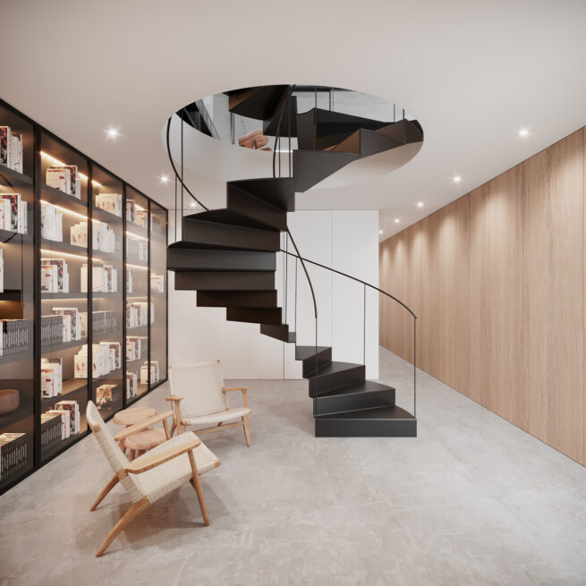 CC House, Marco de Canaveses: black spiral staircase beside glass-fronted bookshelves and a pair of armchairs