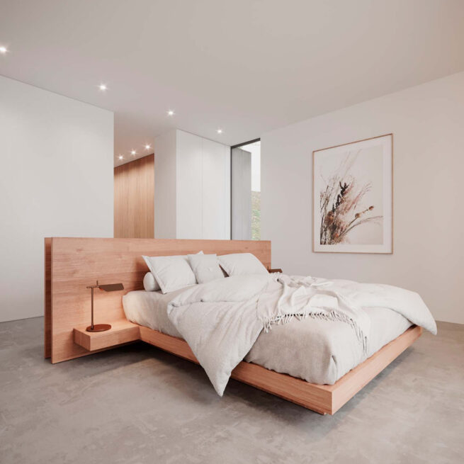 CC House, Marco de Canaveses: render of a bedroom with a wooden bed frame and integrated bedside shelf on a grey floor