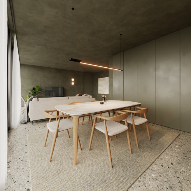Guest House 207, Paredes: dining table with a linear pendant light beside green fitted cupboards and a window