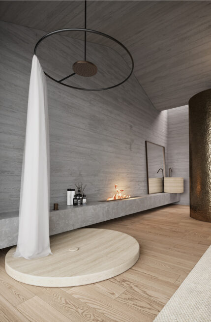 Areal House, Matosinhos: render of the circular shower ring and white curtain set on a round base in the bedroom