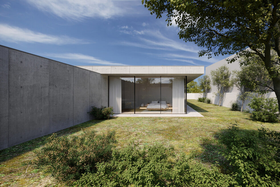 FH House, Esmoriz, Ovar: render of a glazed bedroom opening onto a planted patio enclosed by a grey wall