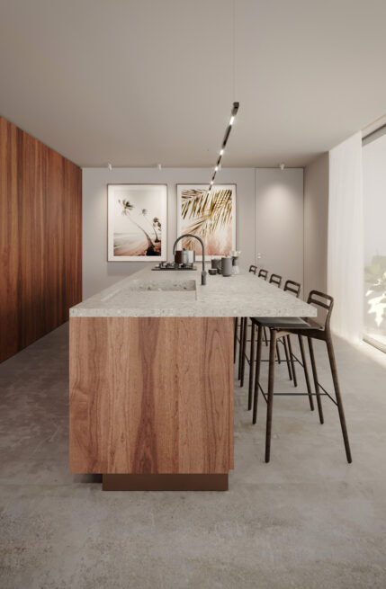 ST House, Santo Tirso: kitchen island with bar stools and a pendant light beside a panelled wall