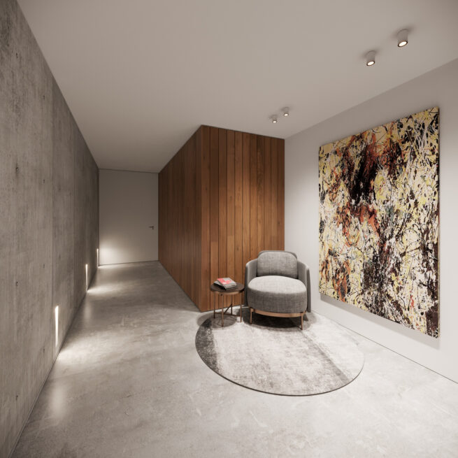 HU1950: render of an apartment entrance hall in Vila Nova de Gaia with a round rug and an abstract painting