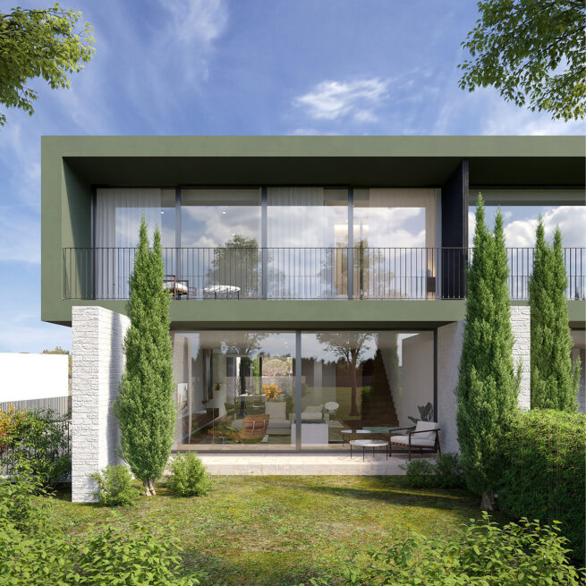 Vila do Conde Houses: render of a rear facade with an upper balcony, light walls and cypress trees in the garden