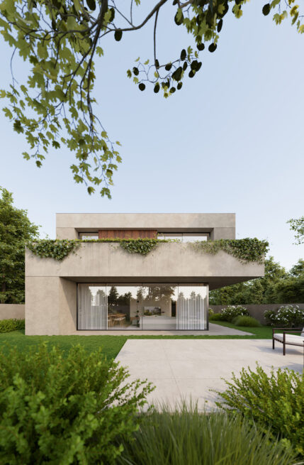 Avanca House, Avanca, Aveiro: garden view of the house with lawn and planting in front of its glazed living room