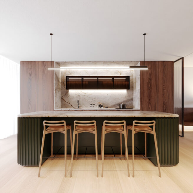 Chieiras House, Vila Nova de Gaia: render of the kitchen island with four wooden bar stools in front of the cooking wall