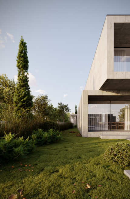 Paranhos House, Porto: render of the side of the house with the grey volume projecting above a lawn and a tall cypress