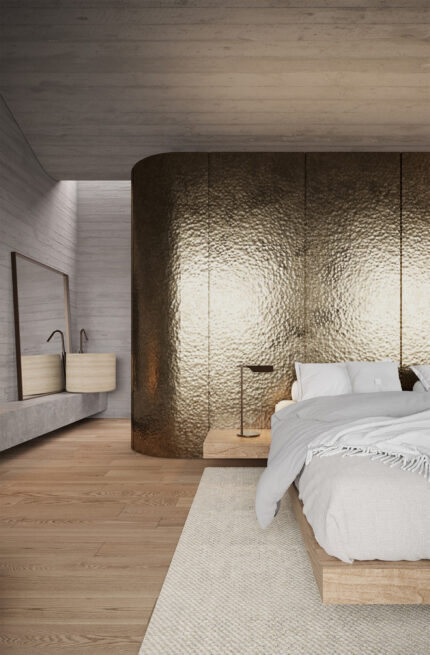 Areal House, Matosinhos: rendered suite with a curved bronze-toned volume beside the bed and a wall-hung basin