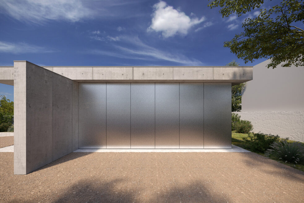FH House, Esmoriz, Ovar: render of a closed metal garage door beneath the flat roof, set between grey walls